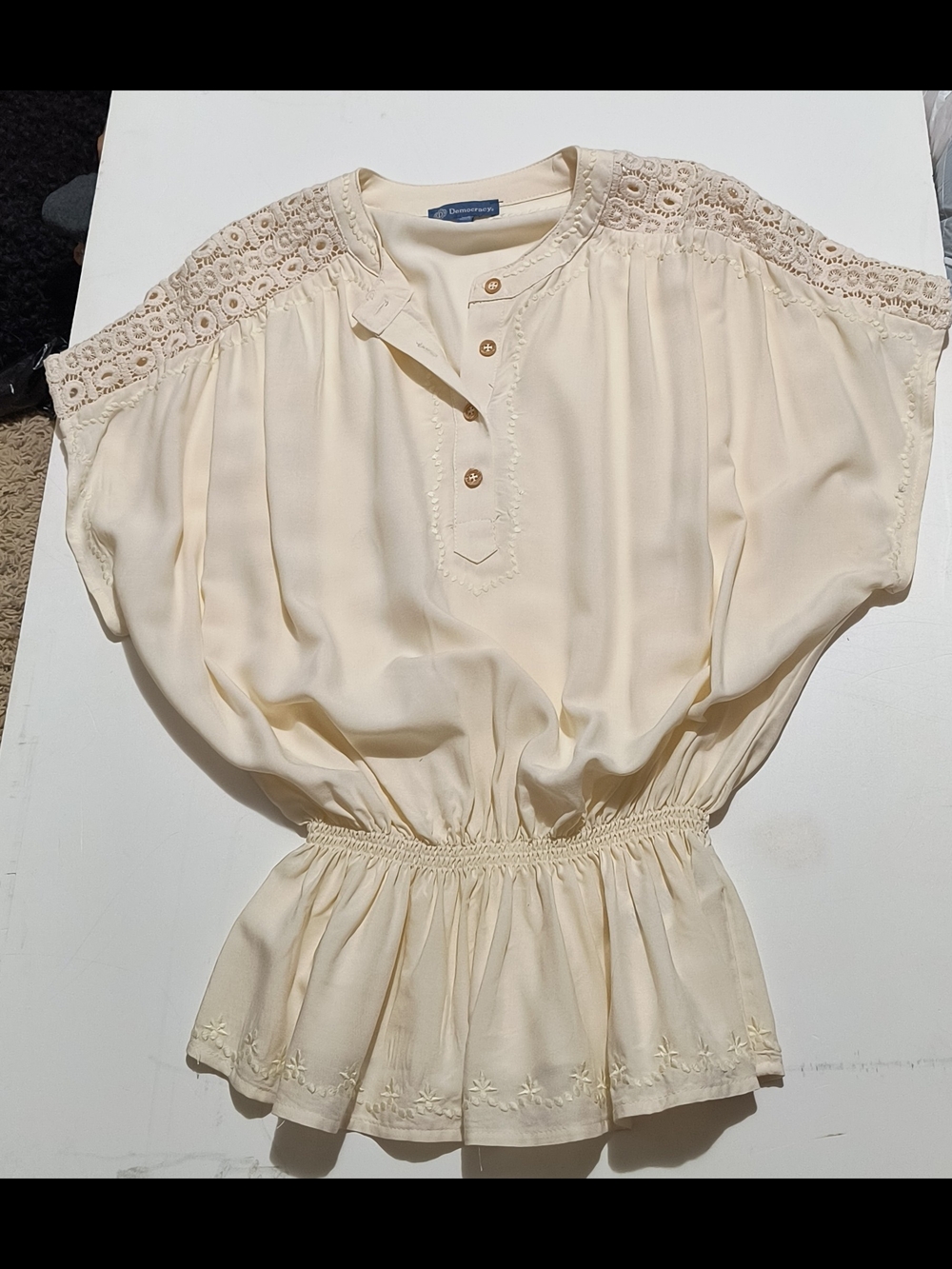 Democracy Cream Crochet-Yoke Elastic-Waist Peasant Top